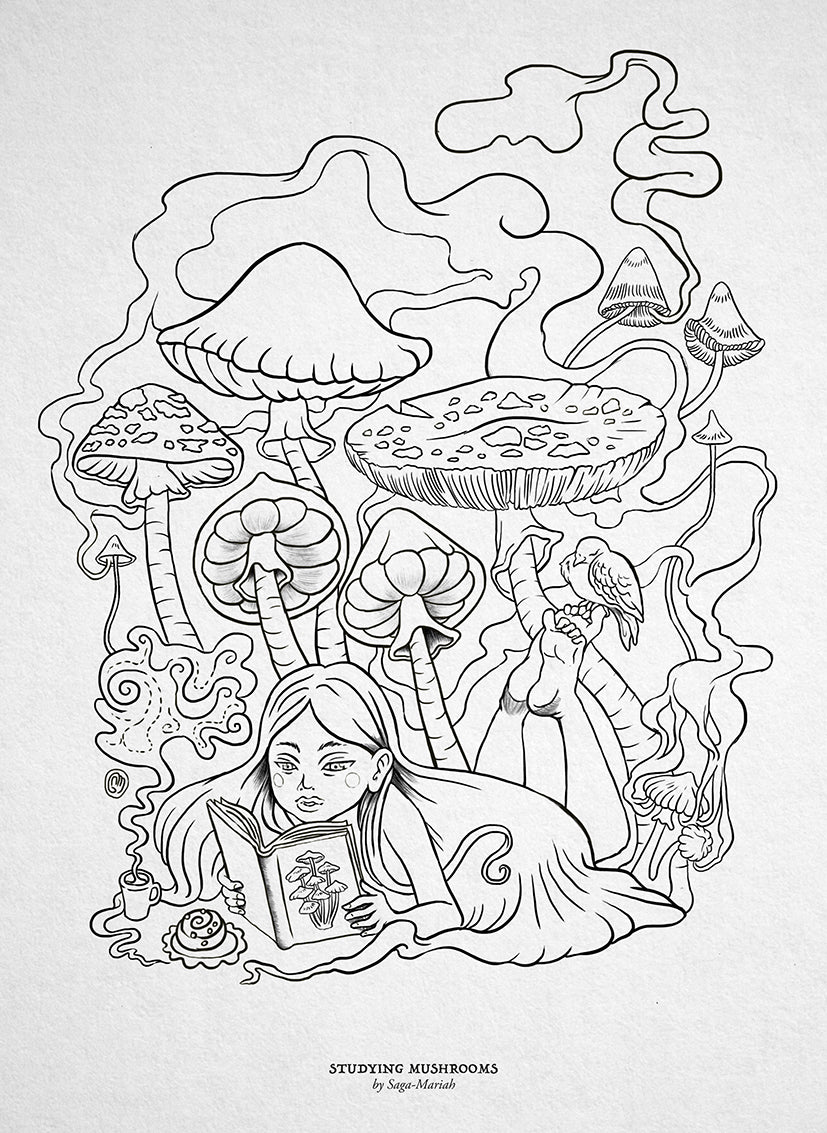 Colouring Page Studying Mushrooms