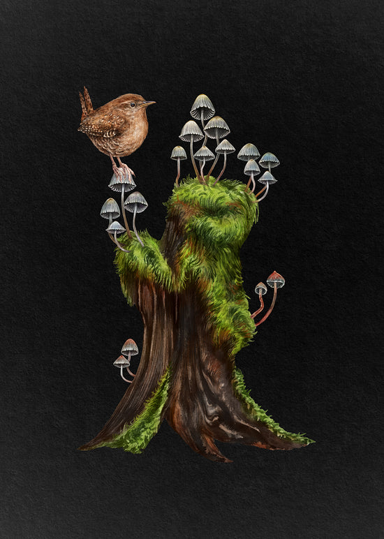 Load image into Gallery viewer, Fairy Inkcap Stump with Wren Night
